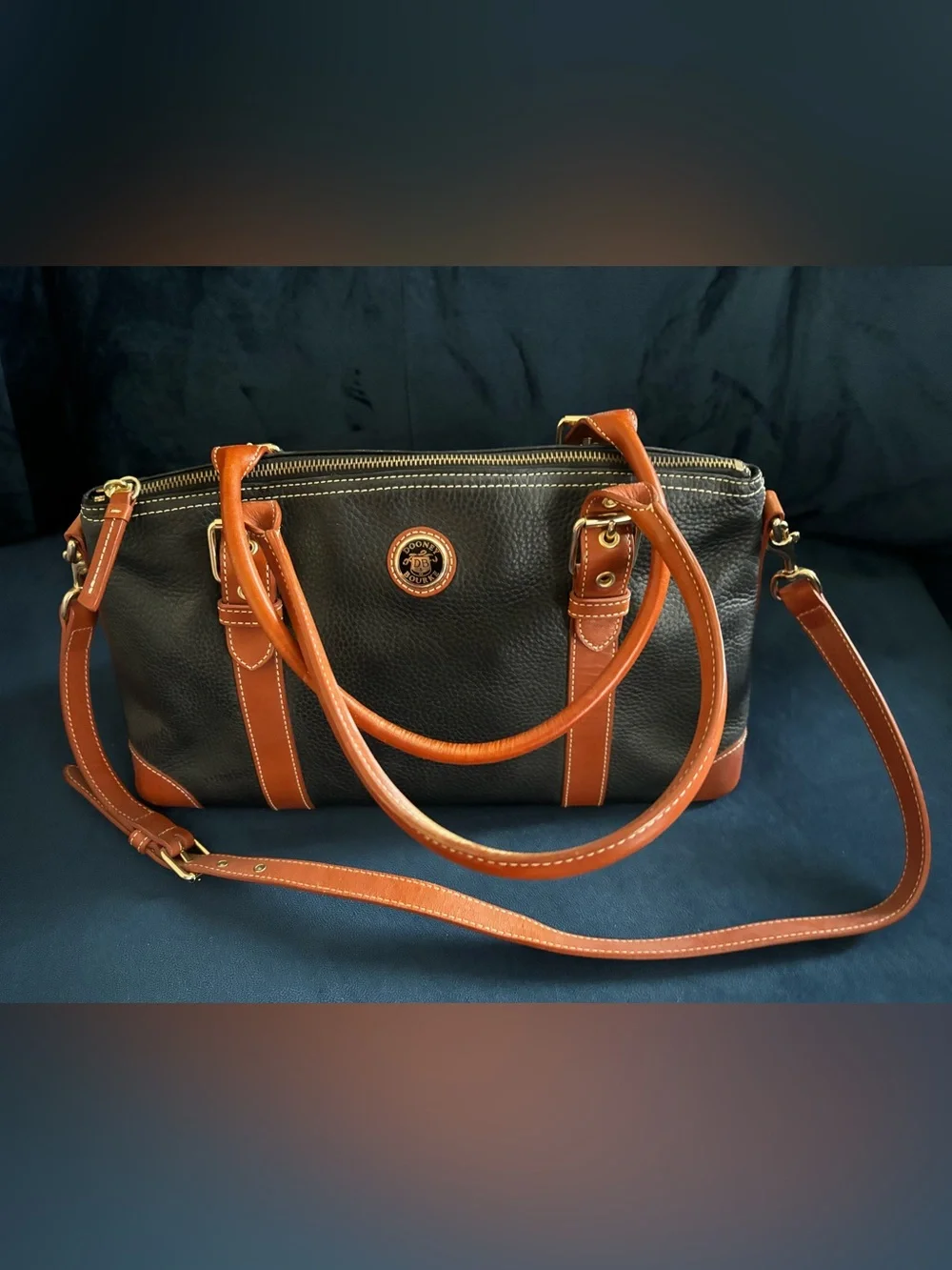 Vintage Dooney & Bourke Leather Satchel navy blue tan brown shoulder bag